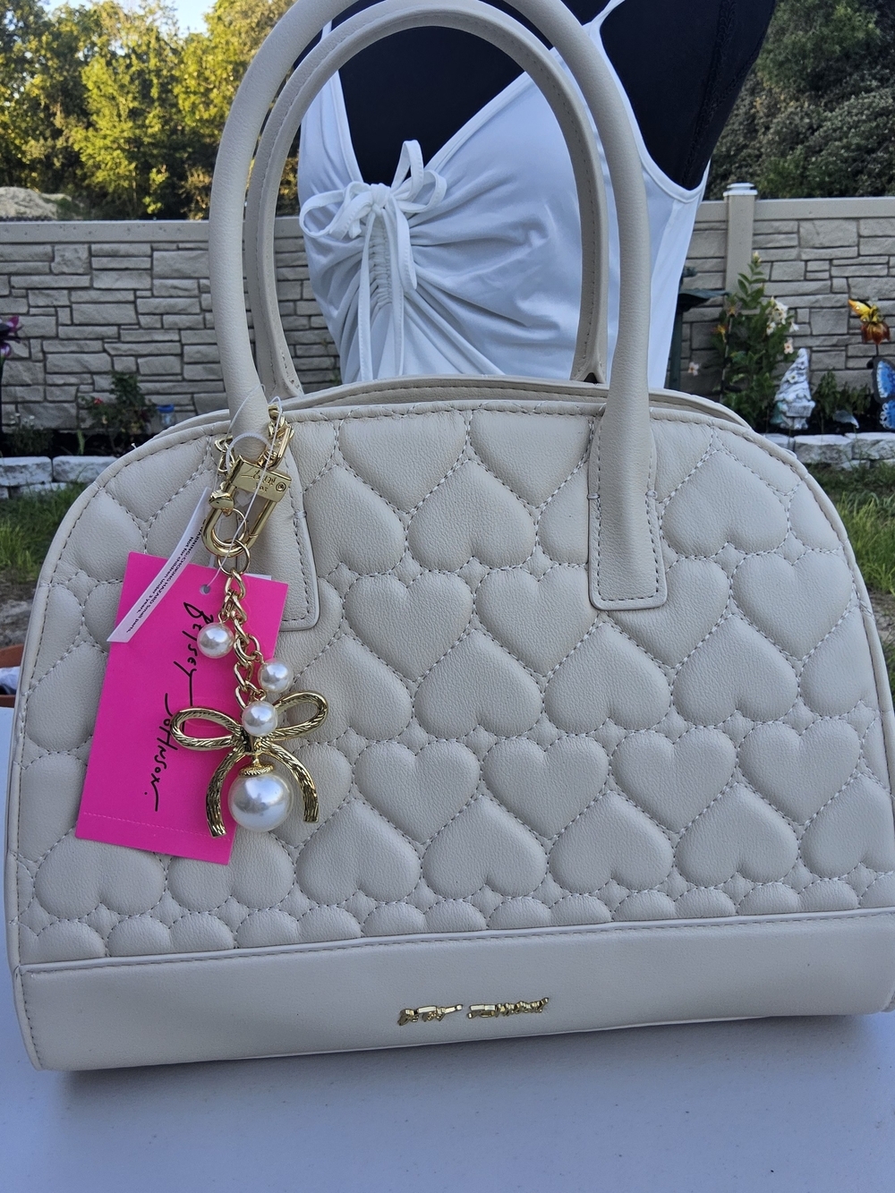 NWT-Betsey Johnson Cream Quilted Heart Satchel with Gold Bow & Pearl Charm